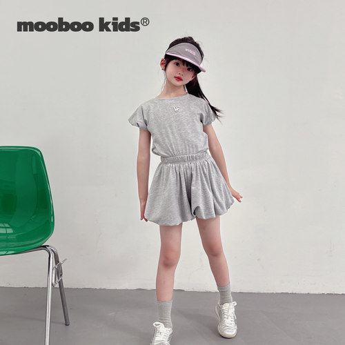 MoobooKids_A类抗菌薄款超高弹花苞短裤套装（杏白色+花灰色）