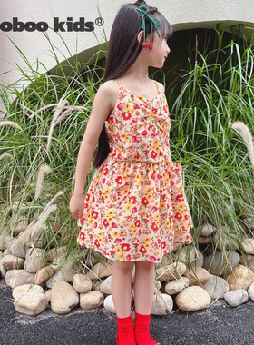 墨宝童装 MoobooKids_法式显白橙红色碎花轻薄透气吊带半裙套装