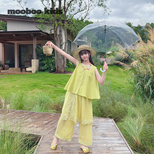 墨宝童装 MoobooKids_青柠通花绣花上衣+青柠色蕾丝围裙裤子