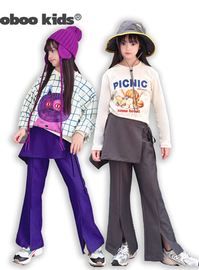 墨宝童装_女童假两件裤裙叠穿可拆卸围裙开叉喇叭长裤(紫色,深灰)