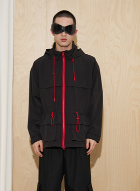 APOECHO 户外工装抽绳外套黑色连帽上衣男士百搭休闲防晒服
