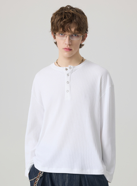 APOECHO 竖条纹肌理感亨利领针织长袖打底衫百搭休闲冬季长袖上衣