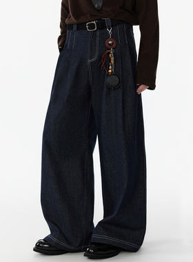 APOECHO 春款打褶牛仔裤男原色丹宁阔腿裤高腰设计复古直筒休闲裤