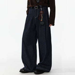 APOECHO 春款打褶牛仔裤男原色丹宁阔腿裤高腰设计复古直筒休闲裤