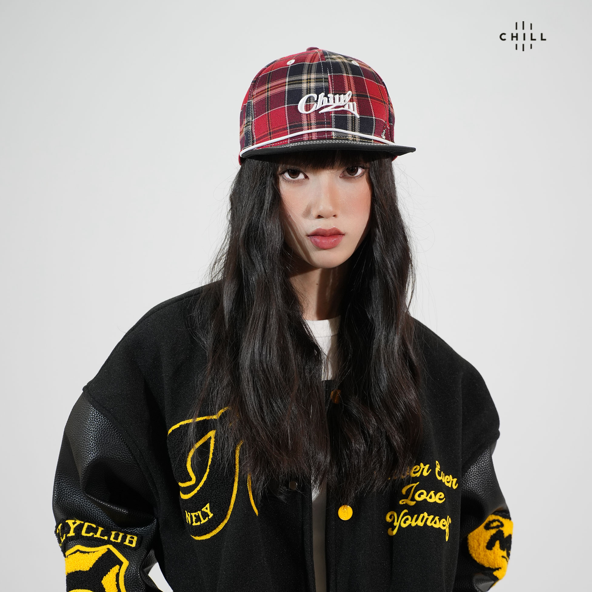 Chill 小众设计红色格纹美式街头嘻哈棒球帽子男女个性平沿帽情侣