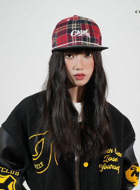 APOECHO 小众设计红色格纹美式街头嘻哈棒球帽