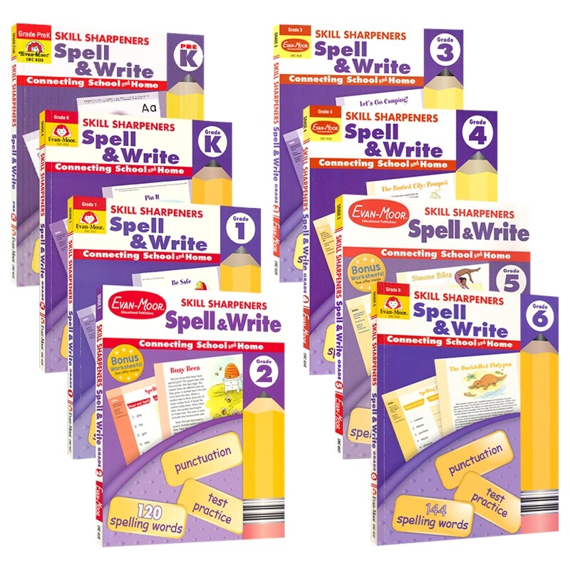 全年级英语拼写 Evan Moor Skill Sharpeners Spell & Write Prek-G6 美国学龄前幼儿园小学加州教材教辅 技能铅笔刀系列练习册