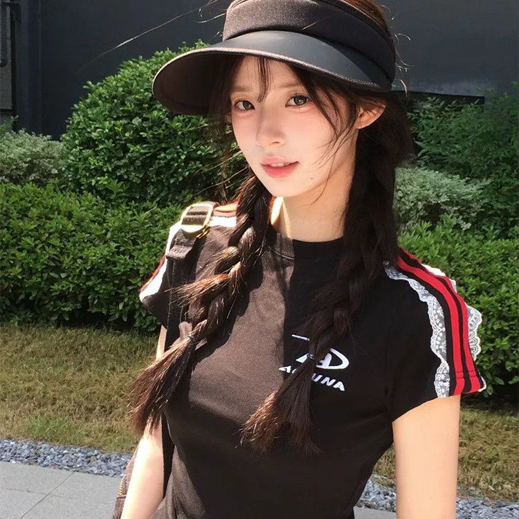 蕾丝设计感小众修身显瘦t恤女士高级感个性弹力透气跑步运动上衣,运动服/休闲服装,运动T恤,淘宝优惠券,粉丝福利购,淘宝优惠卷