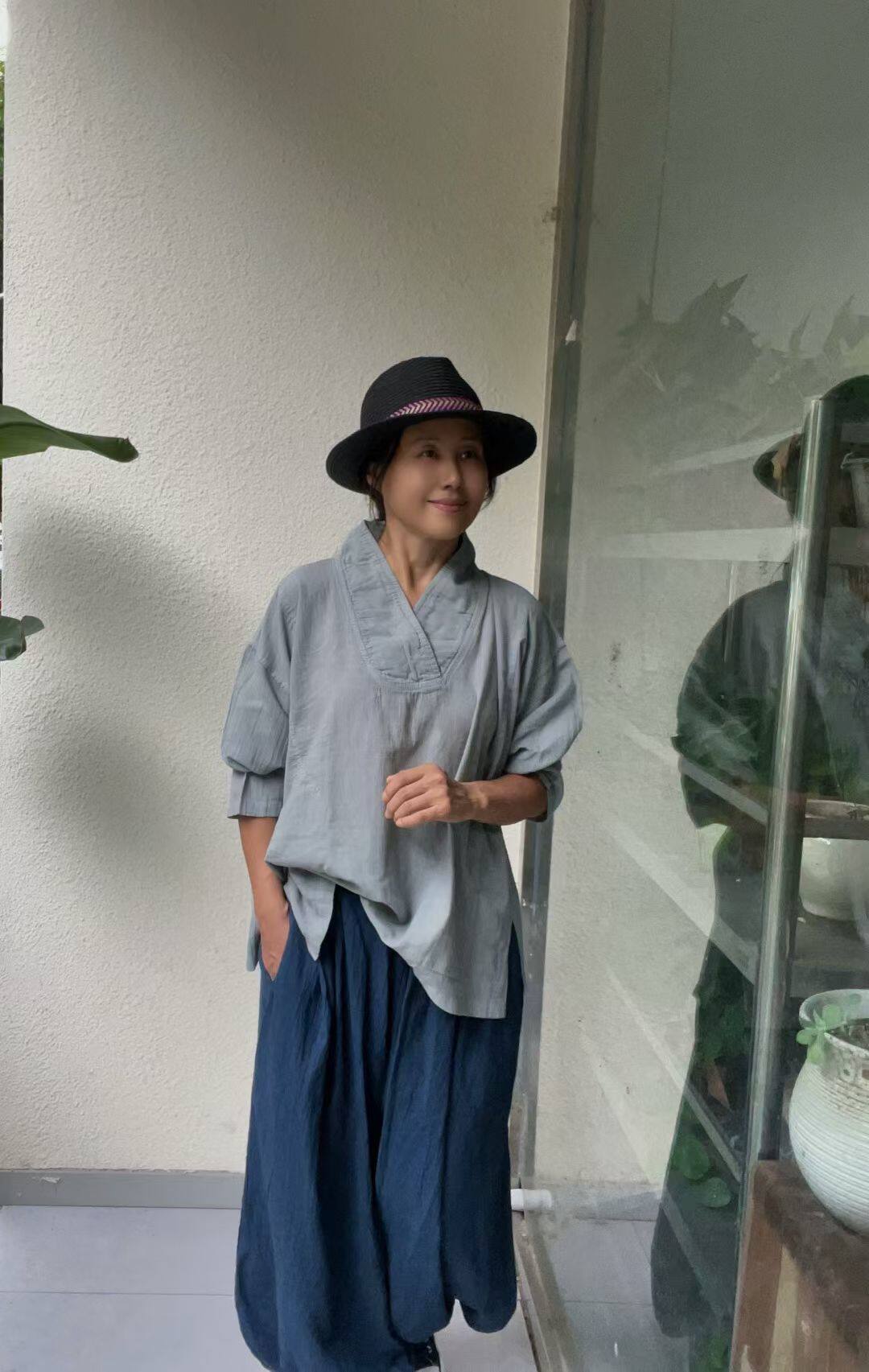 台湾惠中文创工作室出品植物手染棉麻套装禅意素衣禅修 叉领衣