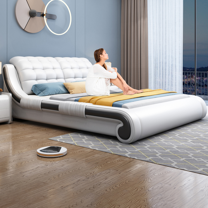 高端皮艺床真皮床现代简约大床主卧双人床轻奢床软包双人卧室婚床