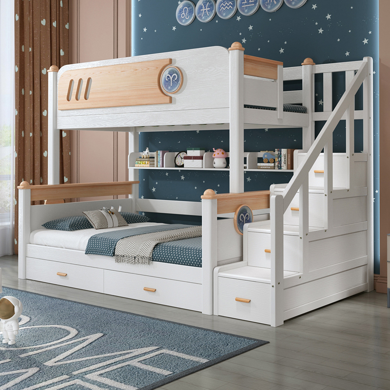 百冠橡胶木儿童床分体全实木子母床两层上下木床双层母子星座