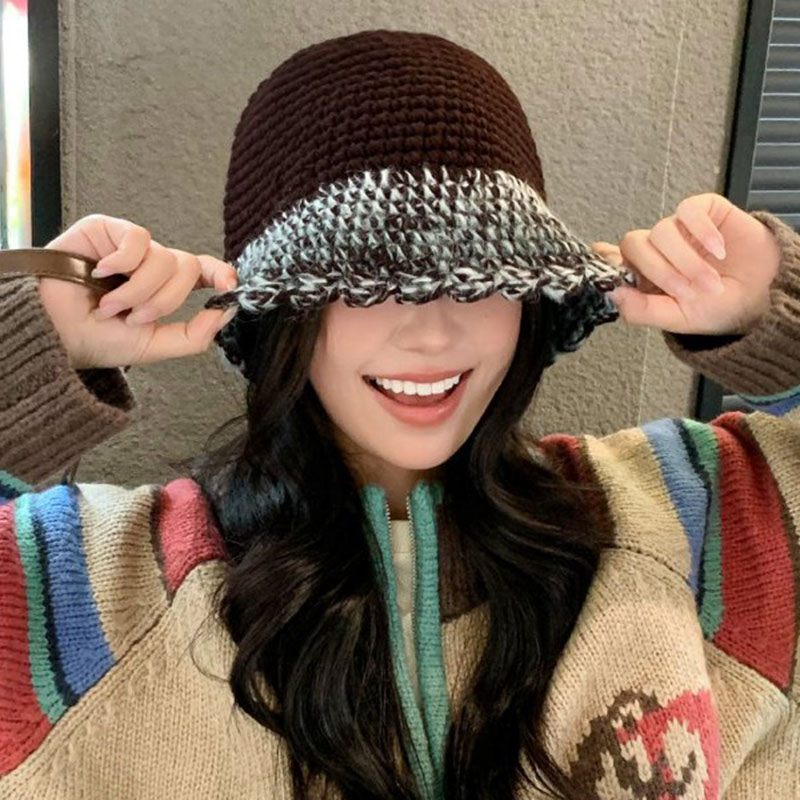 日系复古彩色渐变针织渔夫帽女秋冬时尚百搭盆帽大头围显脸小帽子