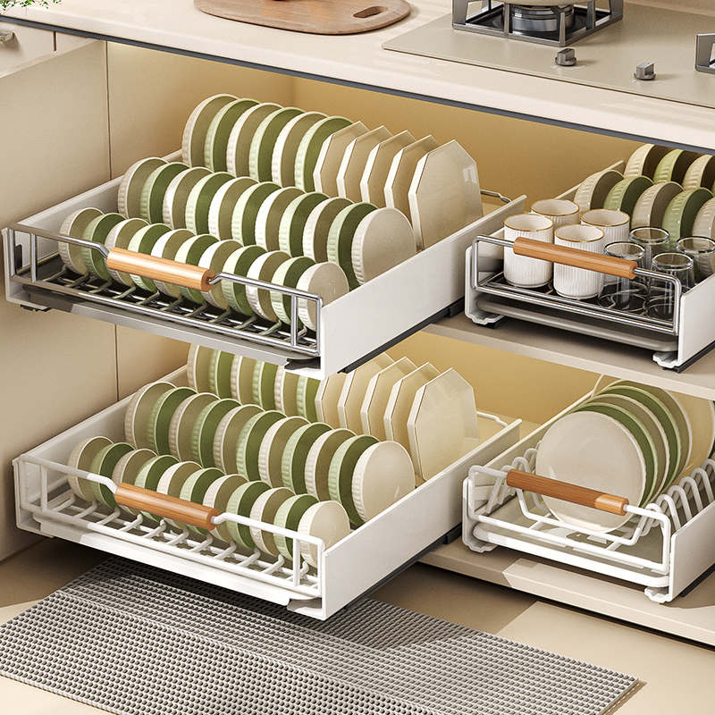 厨房碗碟收纳架家用水槽下橱柜内置拉篮抽拉式不锈钢碗盘沥水碗架