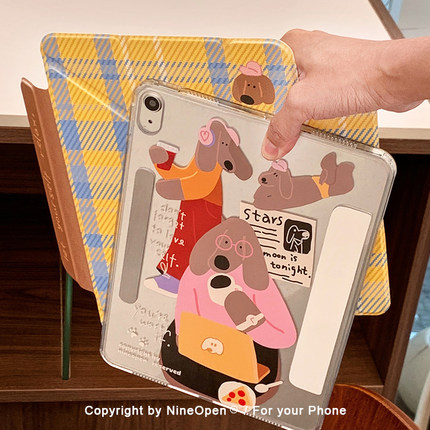 九点半复古格纹腊肠狗Y型磁吸可拆分适用苹果2026新款iPadair8/7mini7/小米保护壳分离隐藏笔槽防弯亚克力