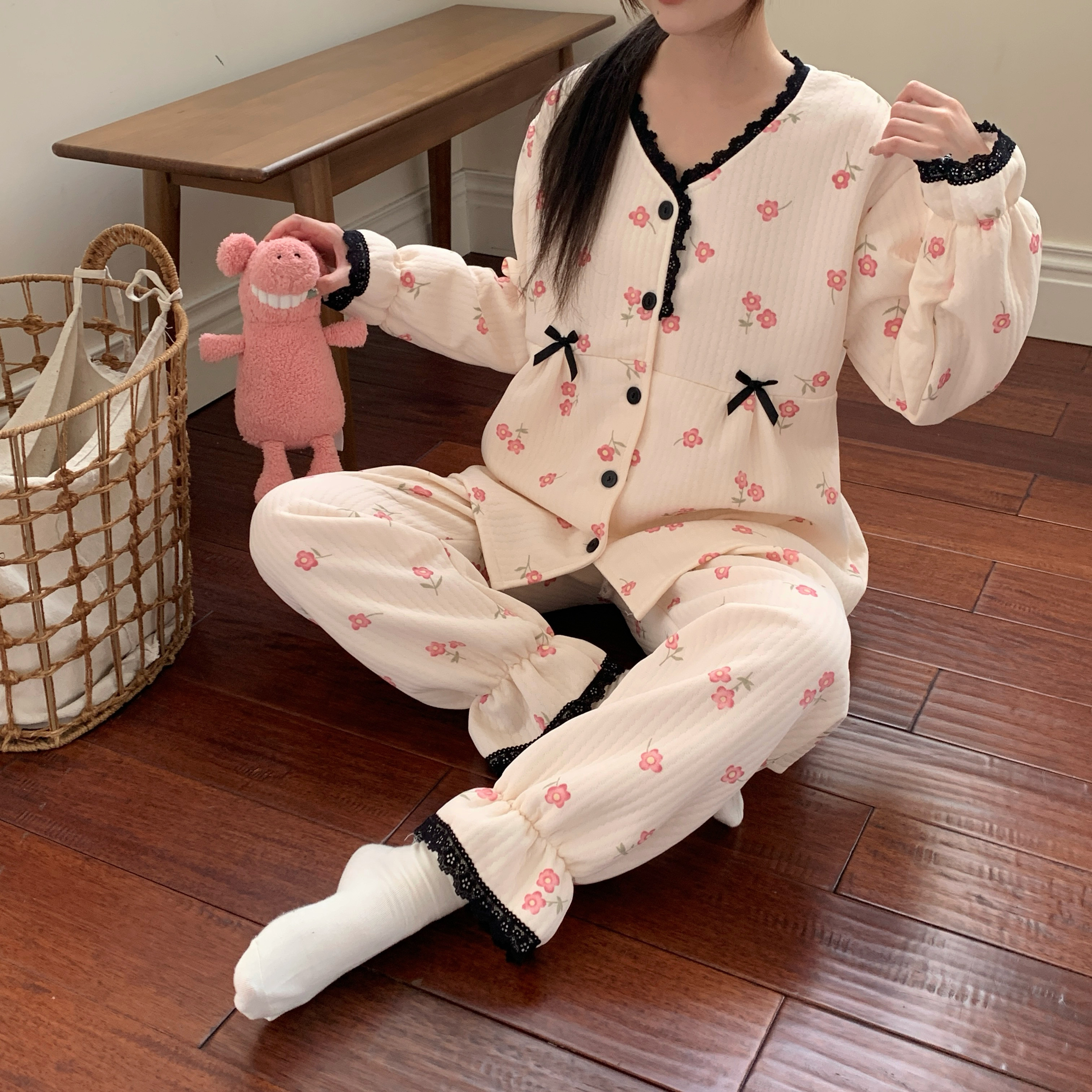 甜美可爱风韩版空气夹层棉长袖睡衣女冬季保暖加厚保温家居服套装