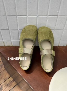 复古绿色翻毛皮玛丽珍鞋女软底平底一字带勃肯单鞋真皮百搭懒人鞋