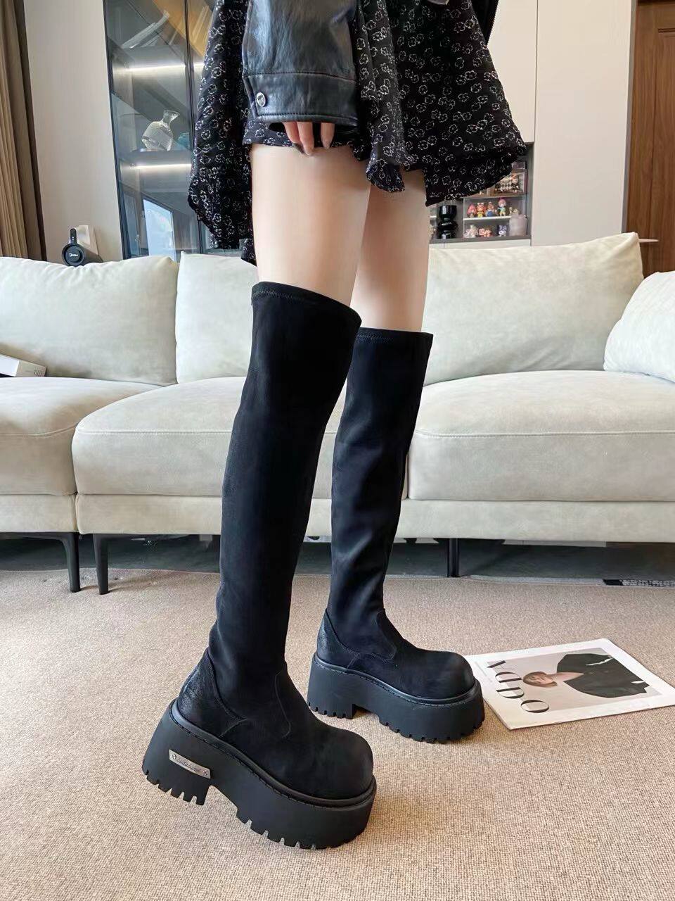 新款黑色过膝长靴女秋冬羊京绒厚底增高显瘦不过膝长筒靴子骑士靴