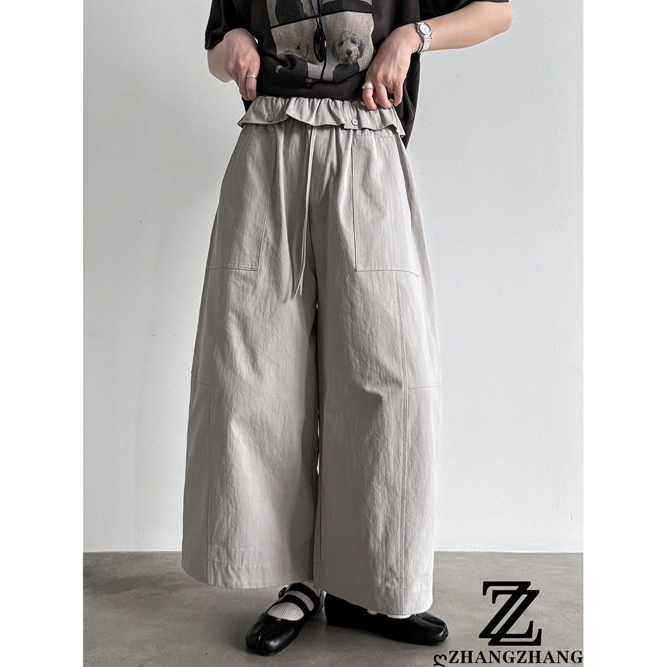 小个子花苞腰七分直筒阔腿裤女薄款夏垂坠感宽松慵懒休闲工装裤Y