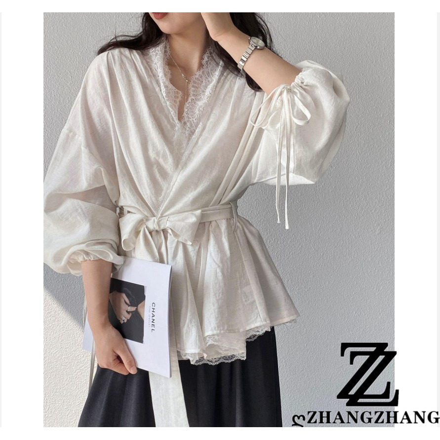 【雾里看花】湖水绿法式重工绑带衬衫女春装V领蕾丝拼接衬衣女