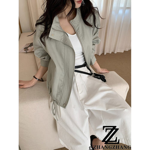 天丝短款宽松显瘦立领夹克女