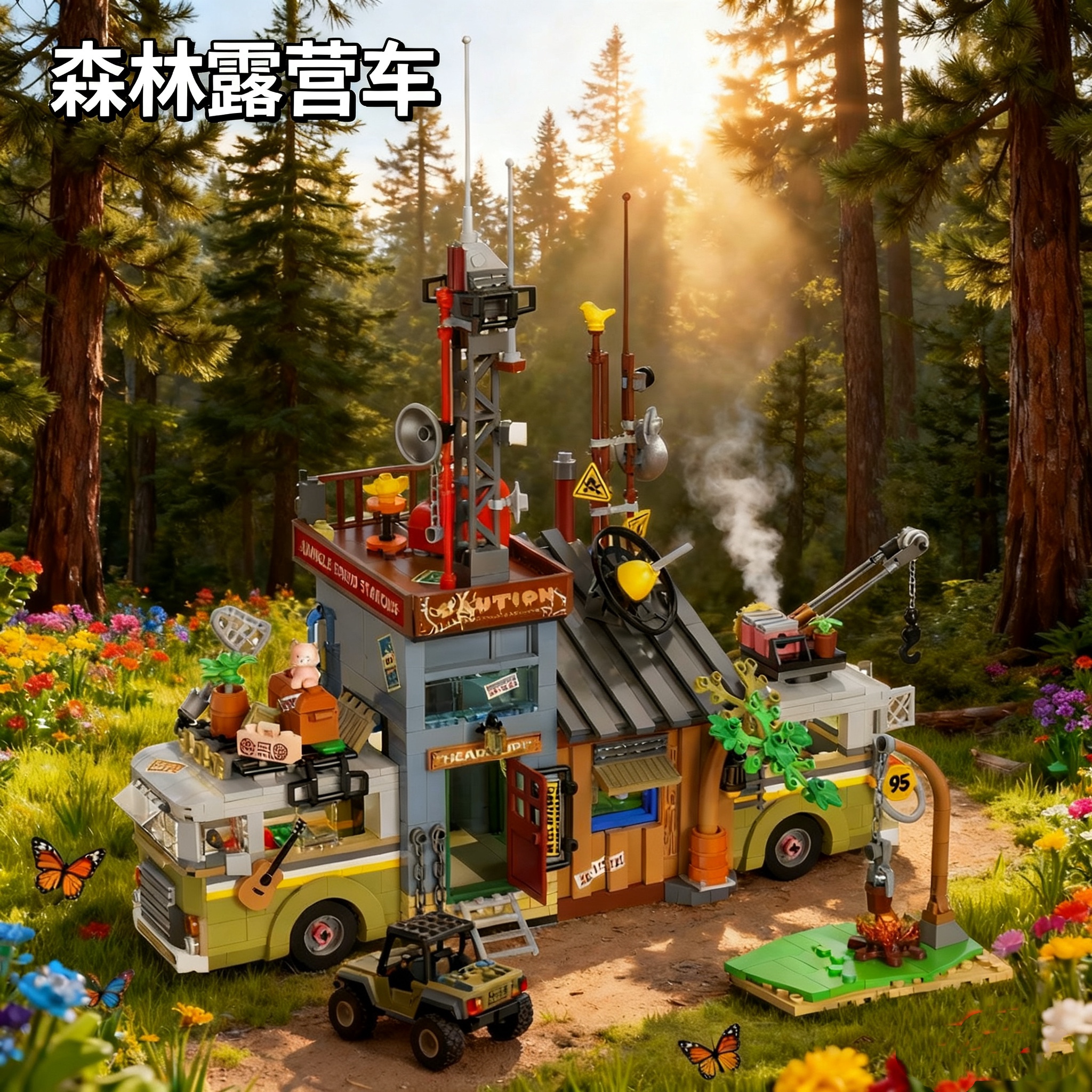 2025新款森林巨大型豪华房车模型适用于乐高拼装男女孩野餐车玩具
