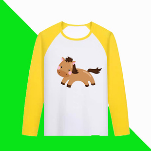 小马卡通动物大马图案t恤儿童长袖纯棉上衣服男女童装亲子款活动