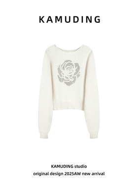 KAMUDING2025新款拉夏贝尔烫钻山茶花羊绒套头毛针织衫25585