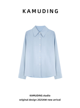 KAMUDING2026新款拉夏贝尔蓝色宽松叠穿Polo领长袖衬衫26006H