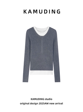 KAMUDING2026新款早春高级定制圆领领假两件百搭显瘦针织衫26016H
