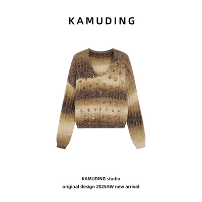 KAMUDING2025新款秋冬季时尚百搭撞色渐变长袖宽松针织衫25587