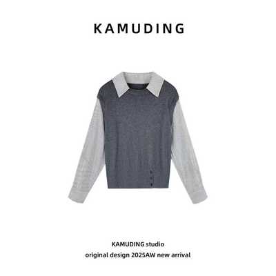 KAMUDING2025新款Y88长袖条纹设计师灰色毛针织衫25251