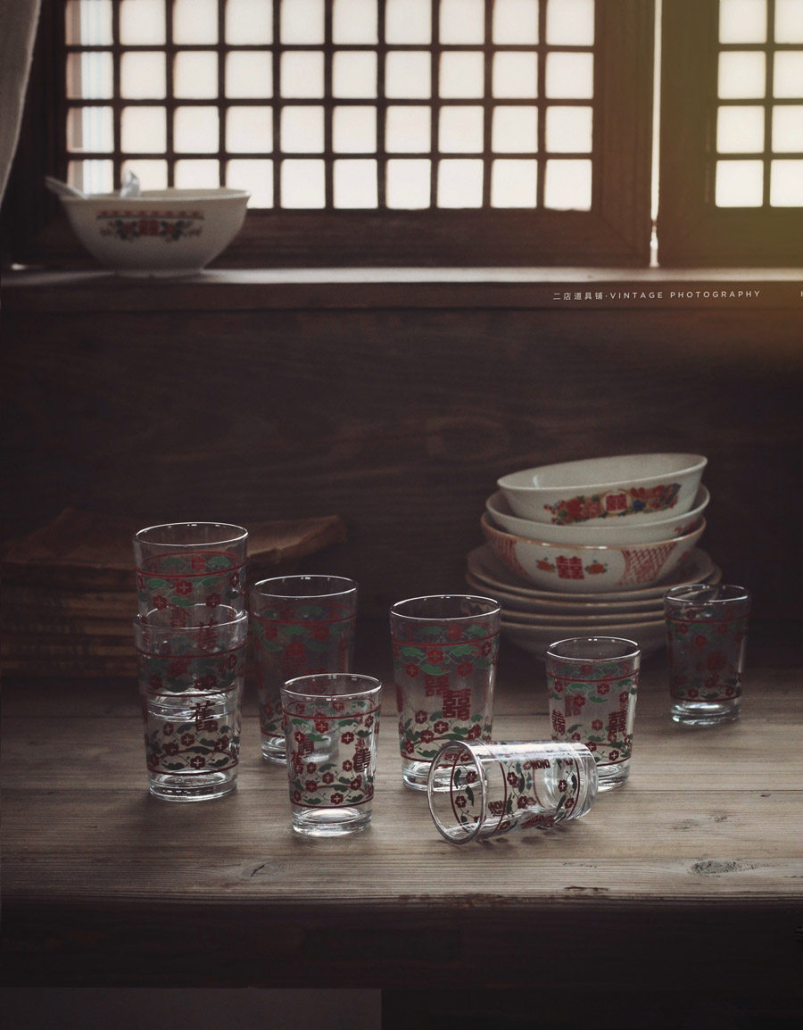 复古怀旧双喜杯 中式婚庆道具玻璃杯 美食静物摄影【二店道具铺】