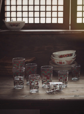 复古怀旧双喜杯中式玻璃杯静物