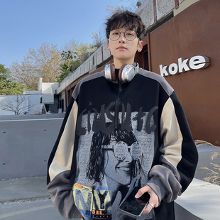 cityboy拼色插肩袖立领卫衣男春秋美式青年潮牌宽松无帽上衣外套