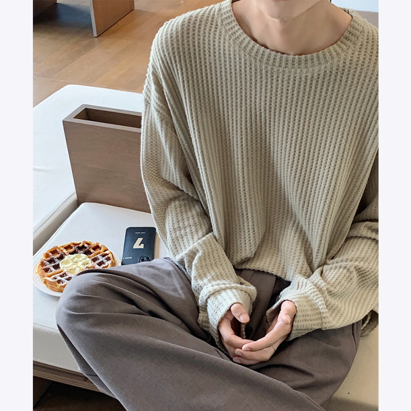 慵懒风华夫格条纹磨毛圆领打底衫