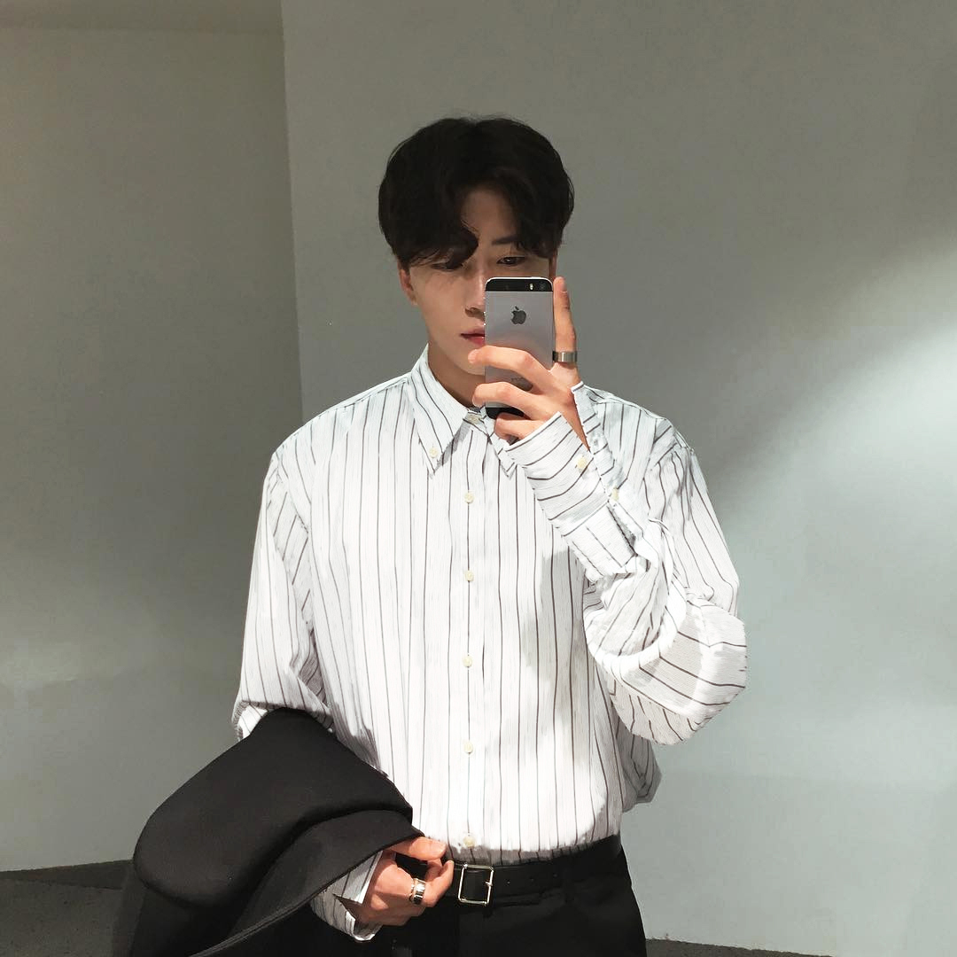 男黑长袖宽松帅气ins条纹衬衫
