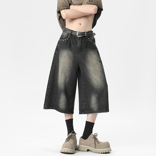 做旧潮牌复古七分牛仔裤 2026新款 子男夏季 马骝扎花口袋排钉7分裤