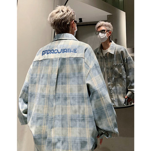2024新款美式字母印花格子长袖衬衫男宽松潮牌春秋款休闲衬衣外套