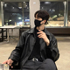 机车皮衣外套男宽松潮流帅气黑色复古美式 春秋季 韩版 潮牌皮夹克男
