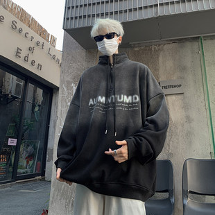 纯棉渐变色立领卫衣男半拉链做旧无帽潮牌春秋小众设计感美式高街