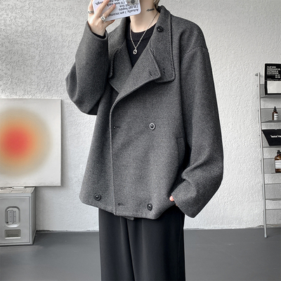翻领双排扣人字纹毛呢大衣男短款