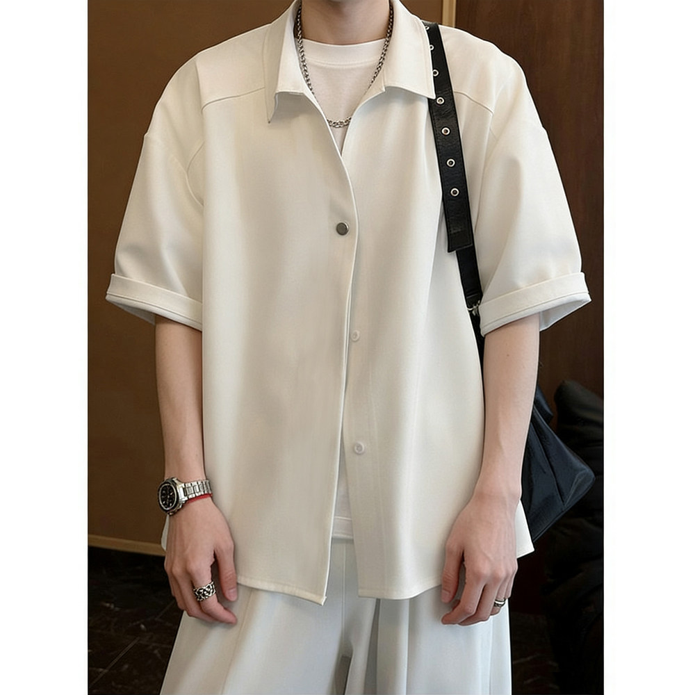 夏季2026新款休闲短袖衬衫男宽松冰丝套装设计感半袖衬衣外套痞帅