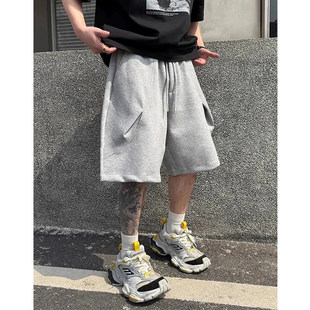 休闲潮牌运动五分裤 350克重磅灰色圆弧剪裁宽松挺阔短裤 男夏季