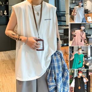 背心男运动坎肩T恤潮牌纯棉 宽松砍袖 夏季 潮牌ins港风字母印花无袖