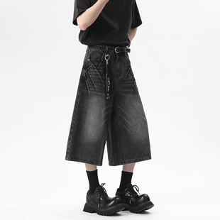 男夏季 男新款 直筒潮牌美式 短裤 休闲宽松7分裤 扎花猫须七分牛仔裤