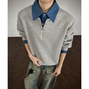 假两件卫衣男翻领美式潮牌2026春季新款青年polo领长袖T恤男外套