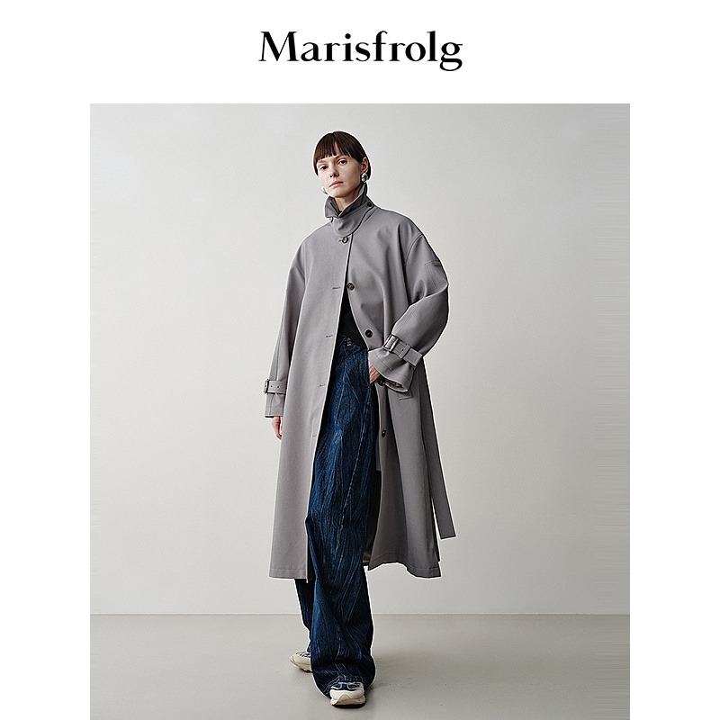 【随型外套】Marisfrolg玛丝菲尔秋豆沙灰绿微喇廓形风衣式外套