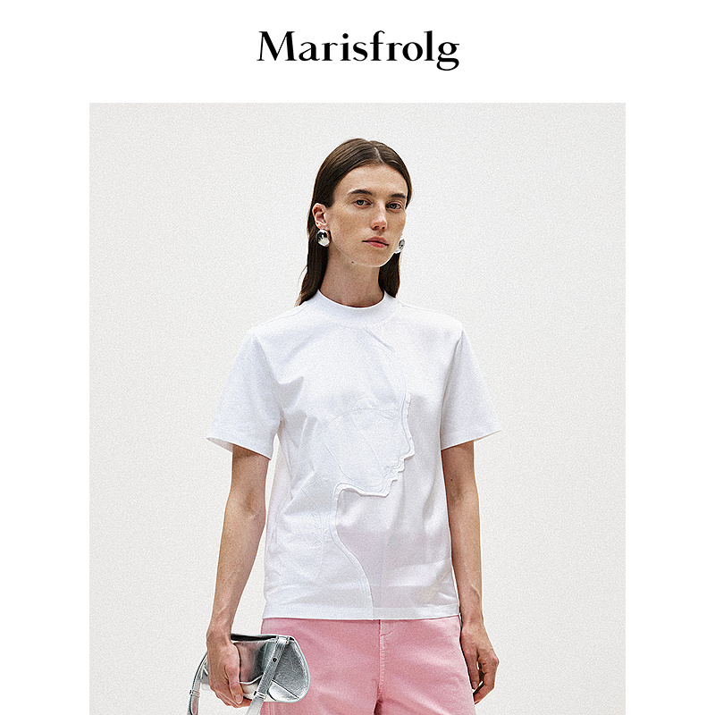 【艺术匠坊】玛丝菲尔春季白色圆领刺绣短袖女纯棉T恤