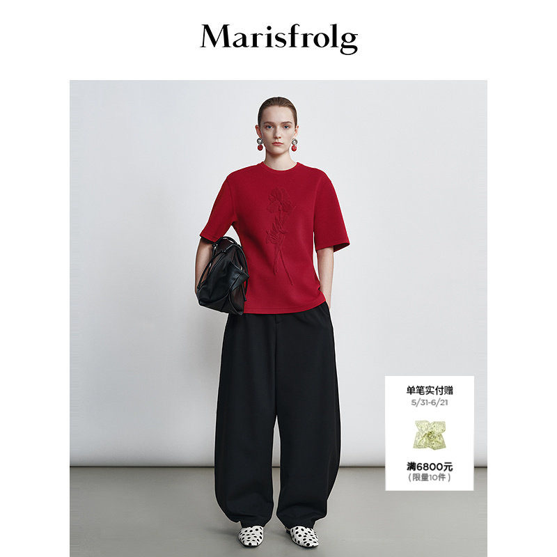 【刺绣花卉】Marisfrolg玛丝菲尔2026春新款红色刺绣箱型廓形T恤
