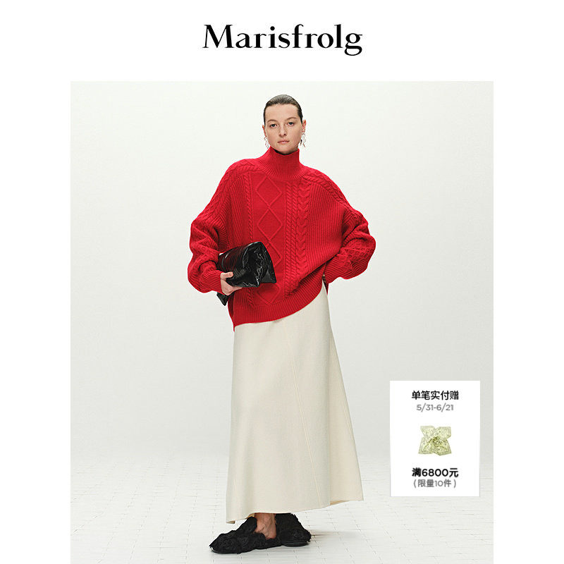 【艺术家灵感】Marisfrolg玛丝菲尔春新款绵羊毛红色高领毛衣